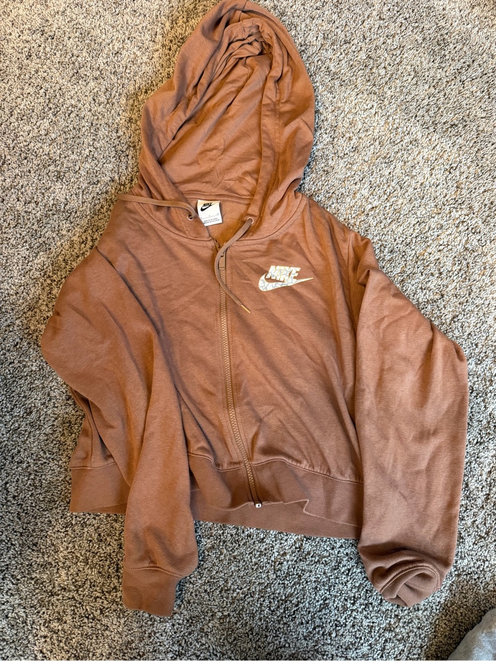 Nike Women's cropped Brown Zip-Up Hoodie with White Logo